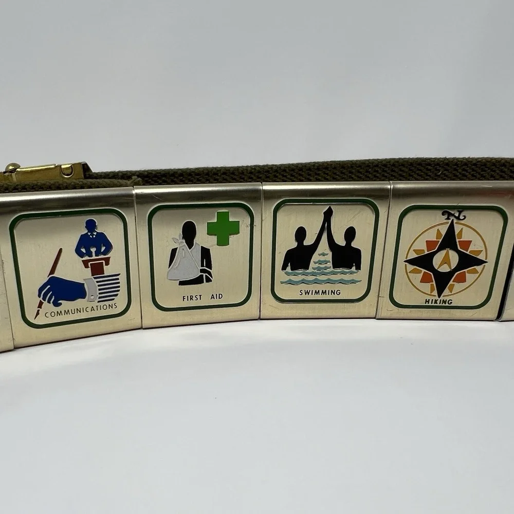 Vintage Boy Scouts Of America Belt Brass Buckle Made In USA w/ 9 Merit Slides‎